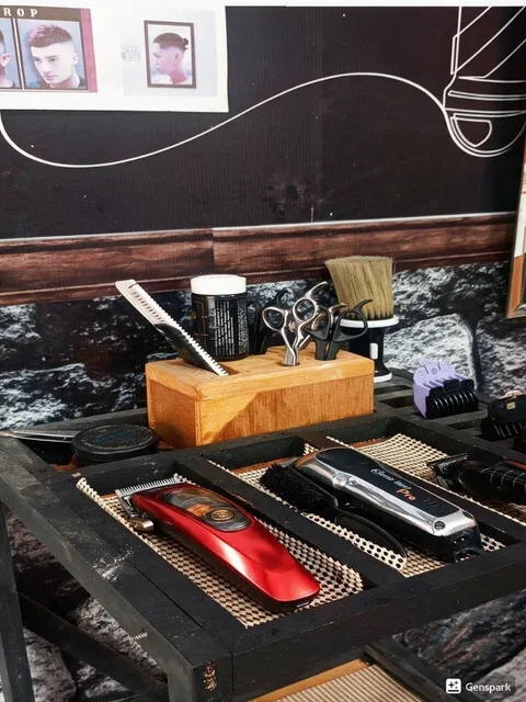 Mesin cukur, gunting, sisir, dan kuas tertata di meja barber